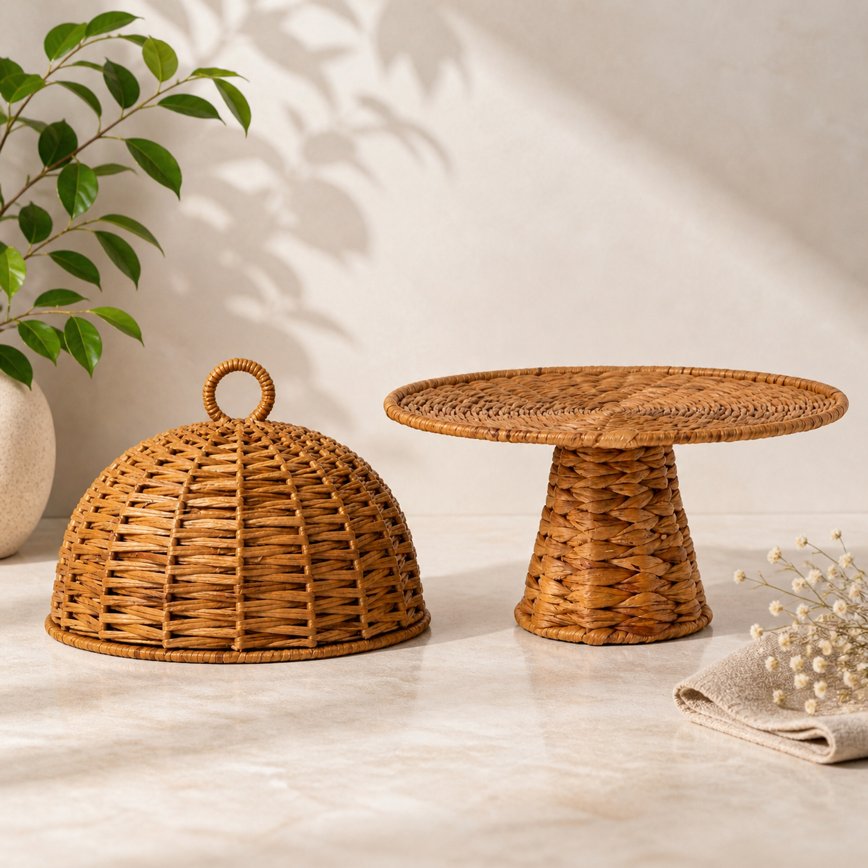 Cake Stand with Cover | Snack, buffet Serveware | Multipurpose Handwoven Dessert Stand