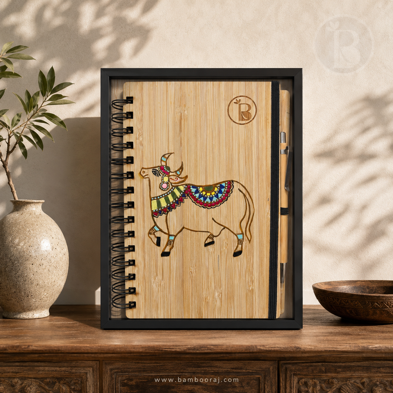 Hand-Painted Bamboo Diary with Pen | Unique Indian Heritage Art | Bambooraj