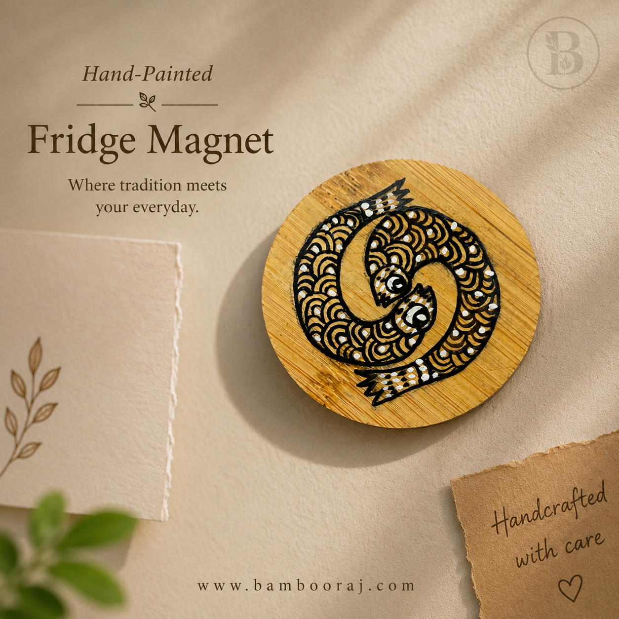 Matsya | Hand-Painted Bamboo Fridge Magnet | Unique Handmade Indian Art