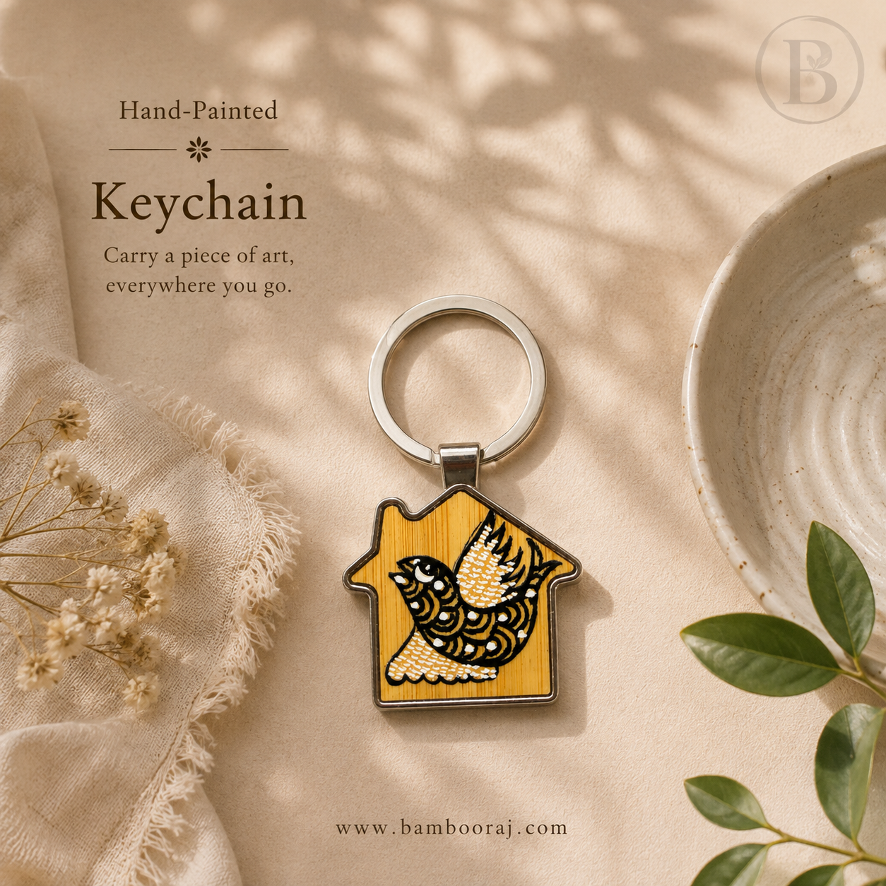Passion Bird | Hand-Painted Bamboo Keychain | Unique Handmade Indian Art