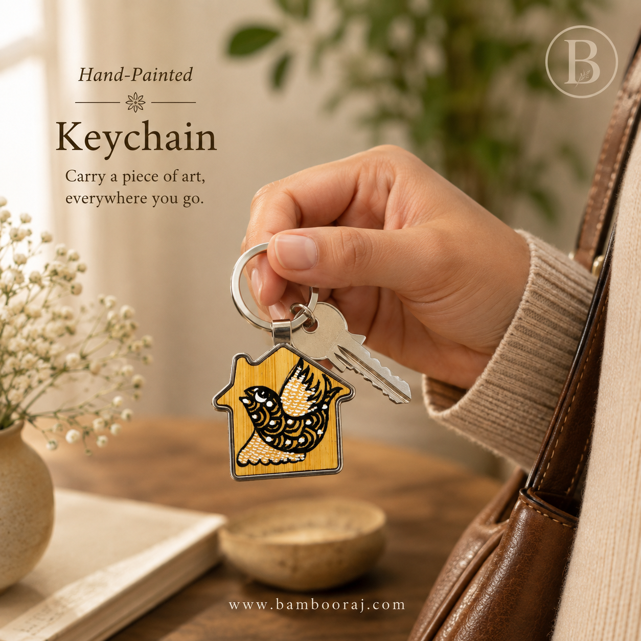 Passion Bird | Hand-Painted Bamboo Keychain | Unique Handmade Indian Art