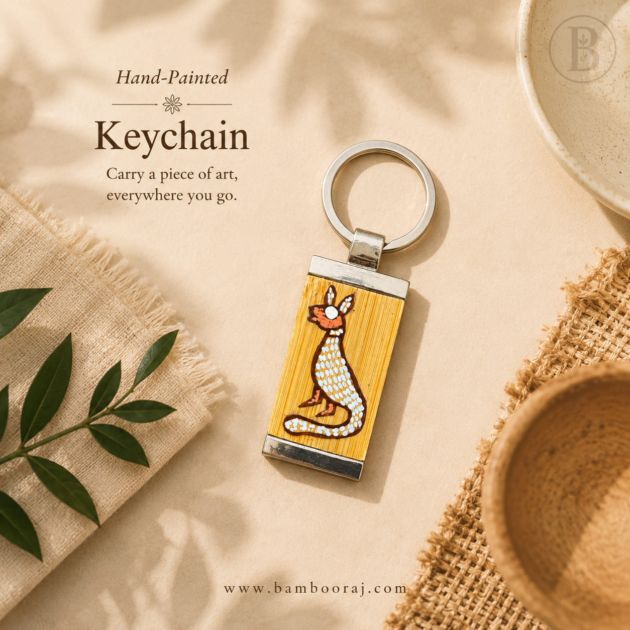 Kat | Hand-Painted Bamboo Keychain | Unique Handmade Indian Art
