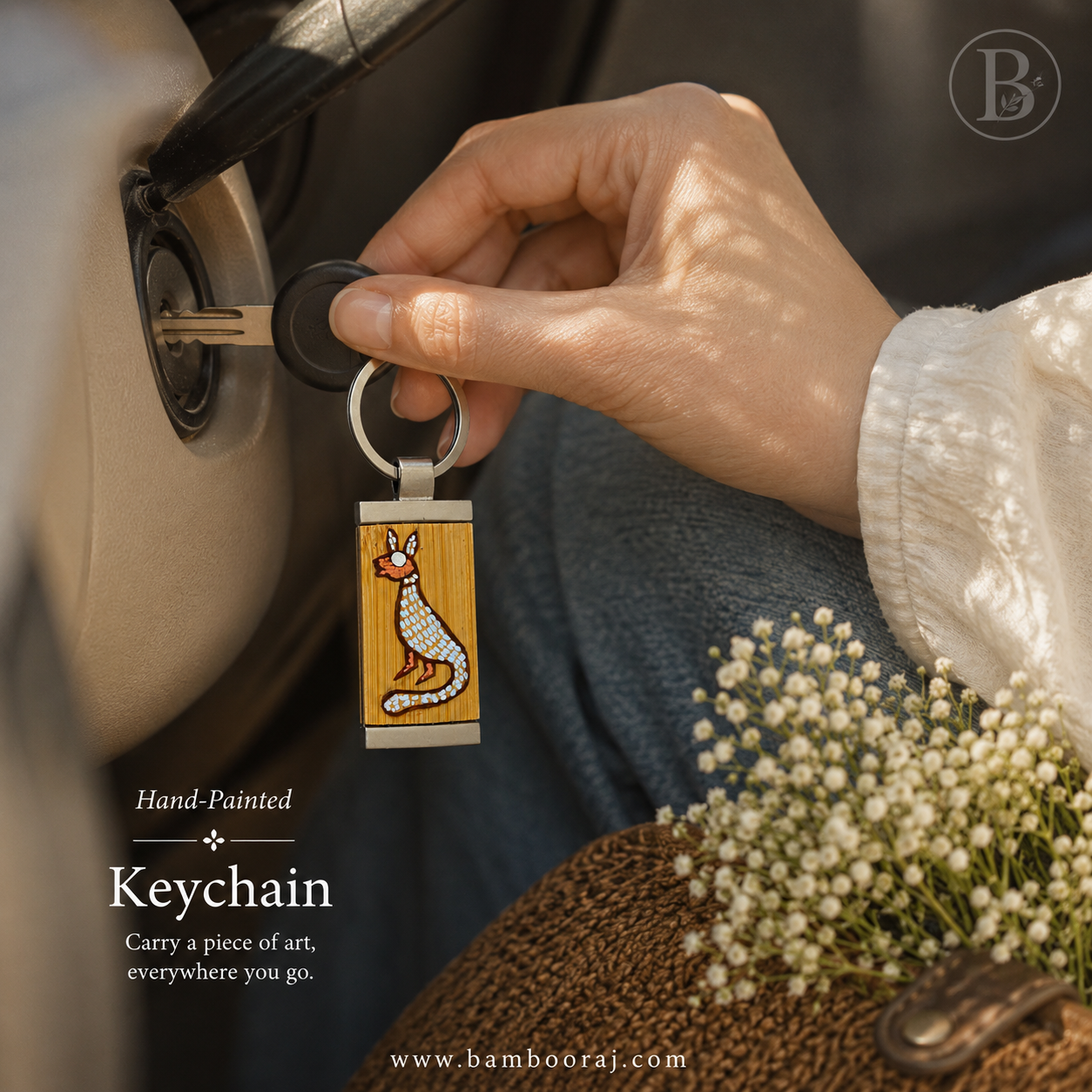 Kat | Hand-Painted Bamboo Keychain | Unique Handmade Indian Art