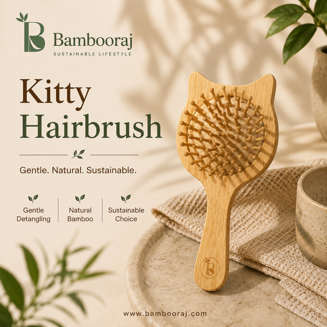 Bamboo Kitty Brush for Men, Women, Children— Detangles, Exfoliates Scalp & Reduces Frizz