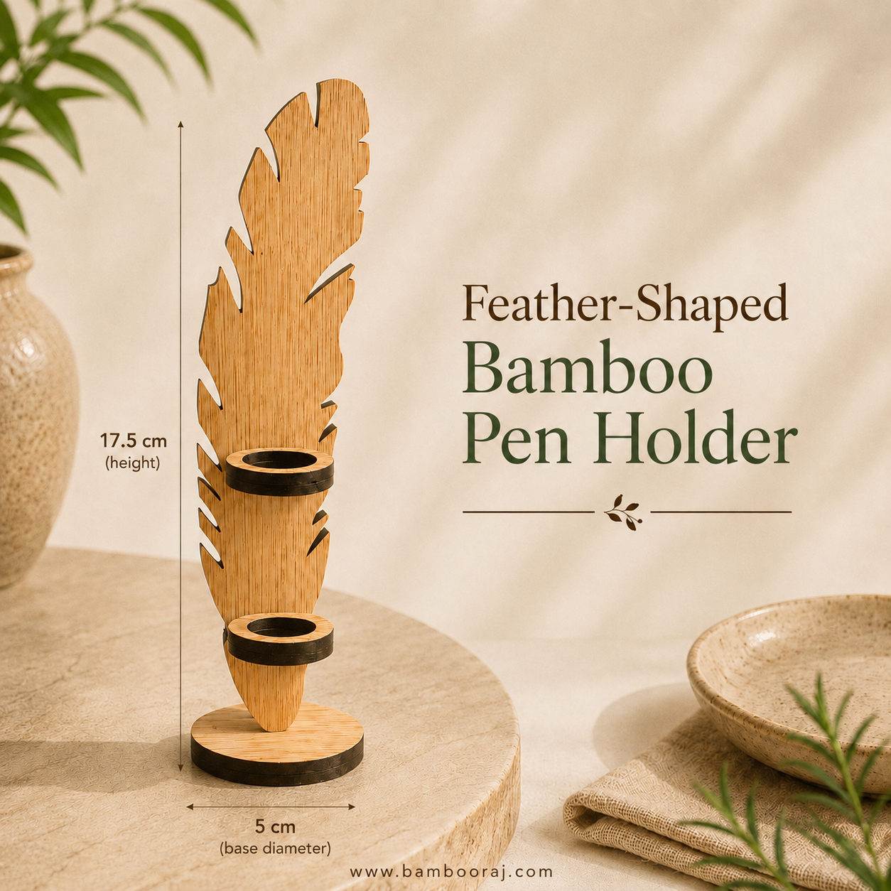 Feather-Shaped Bamboo Pen Holder | Eco-Friendly Desk Organiser – Bambooraj