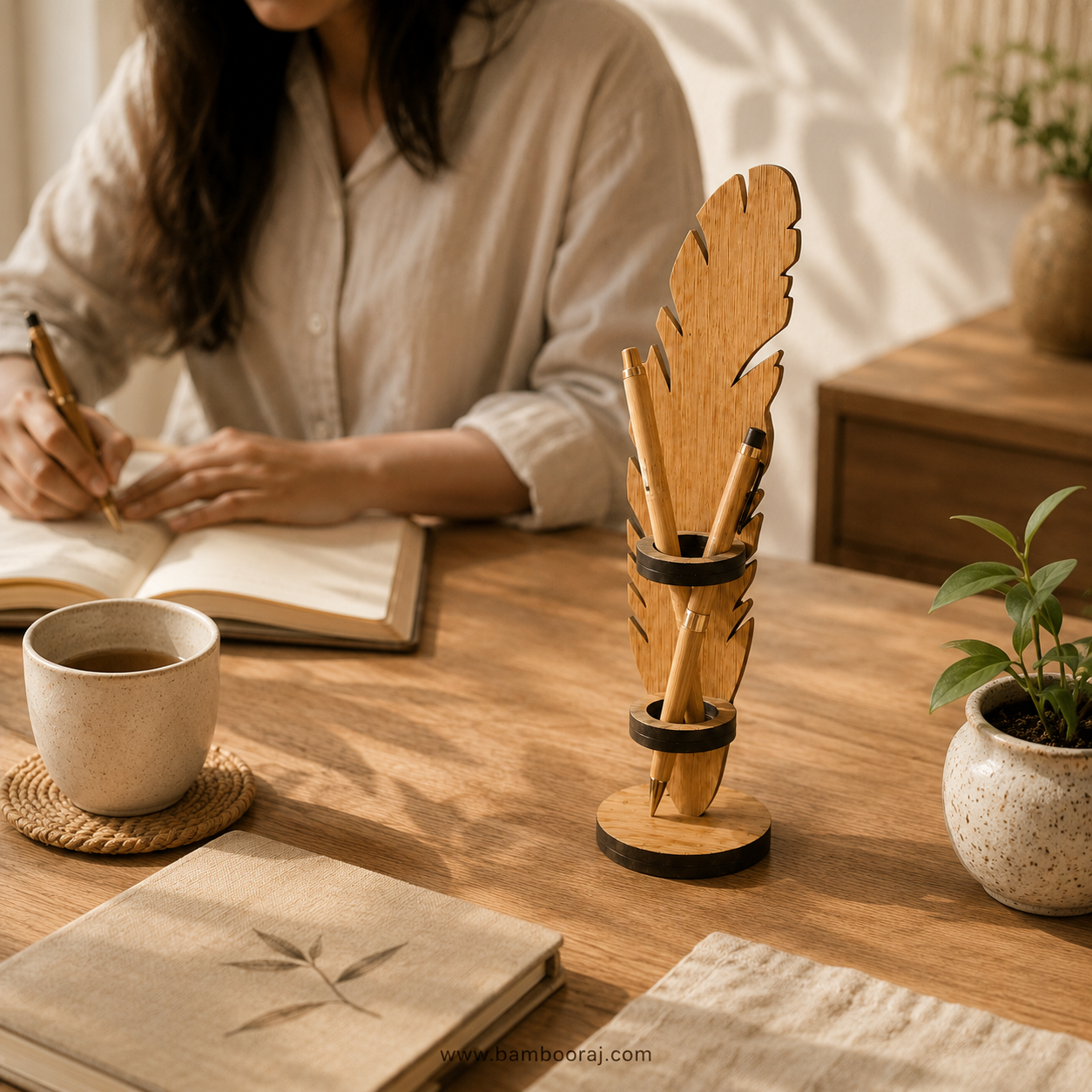 Feather-Shaped Bamboo Pen Holder | Eco-Friendly Desk Organiser – Bambooraj