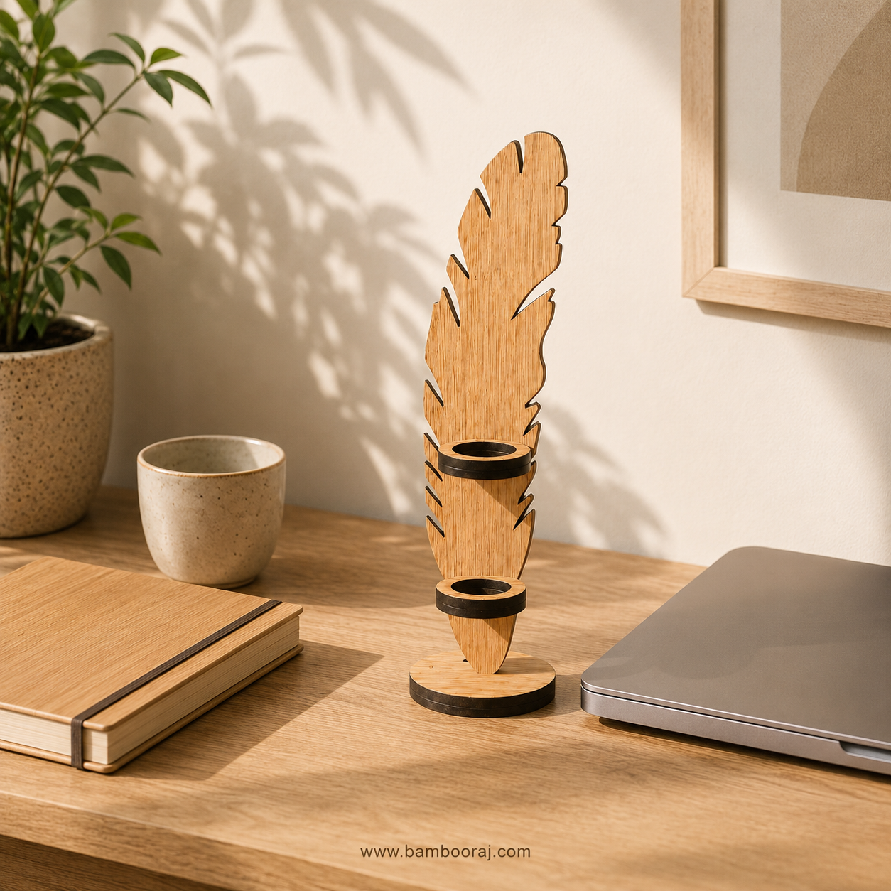 Feather-Shaped Bamboo Pen Holder | Eco-Friendly Desk Organiser – Bambooraj