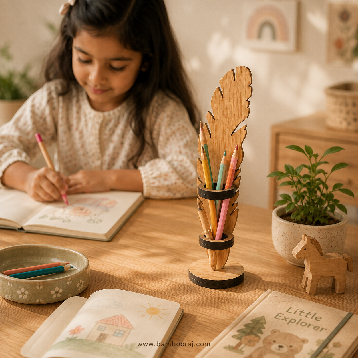 Feather-Shaped Bamboo Pen Holder | Eco-Friendly Desk Organiser – Bambooraj