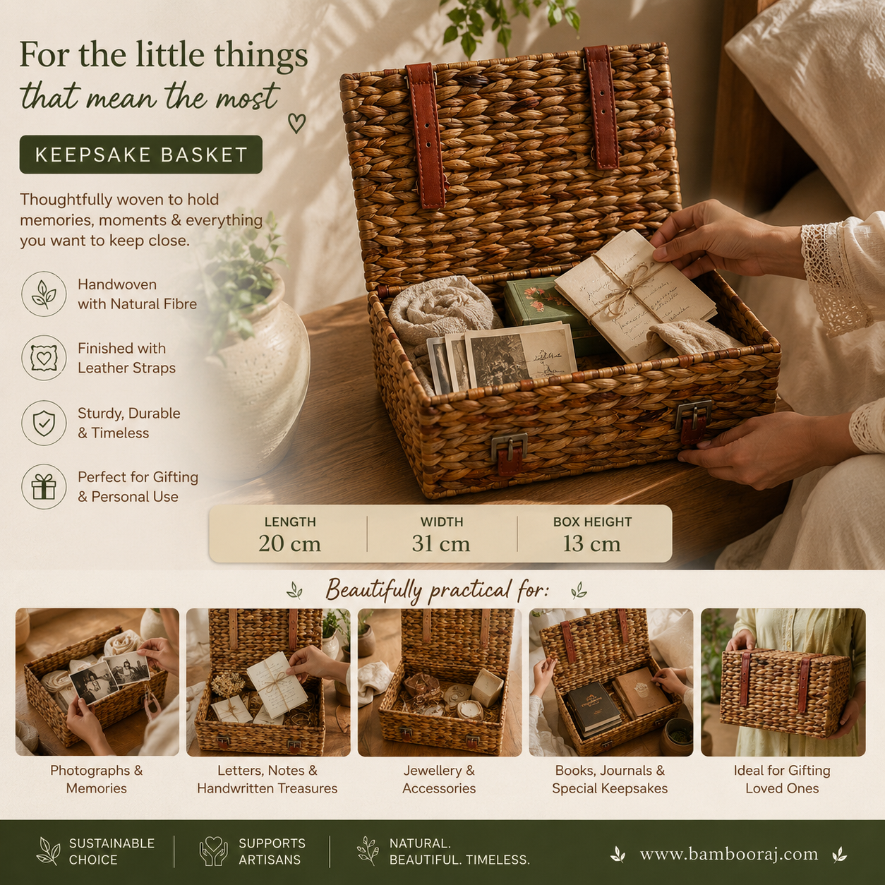 Dhara Keepsake Basket | Handwoven Natural Fibre | Water Hyacyinth | Memory & Storage Box