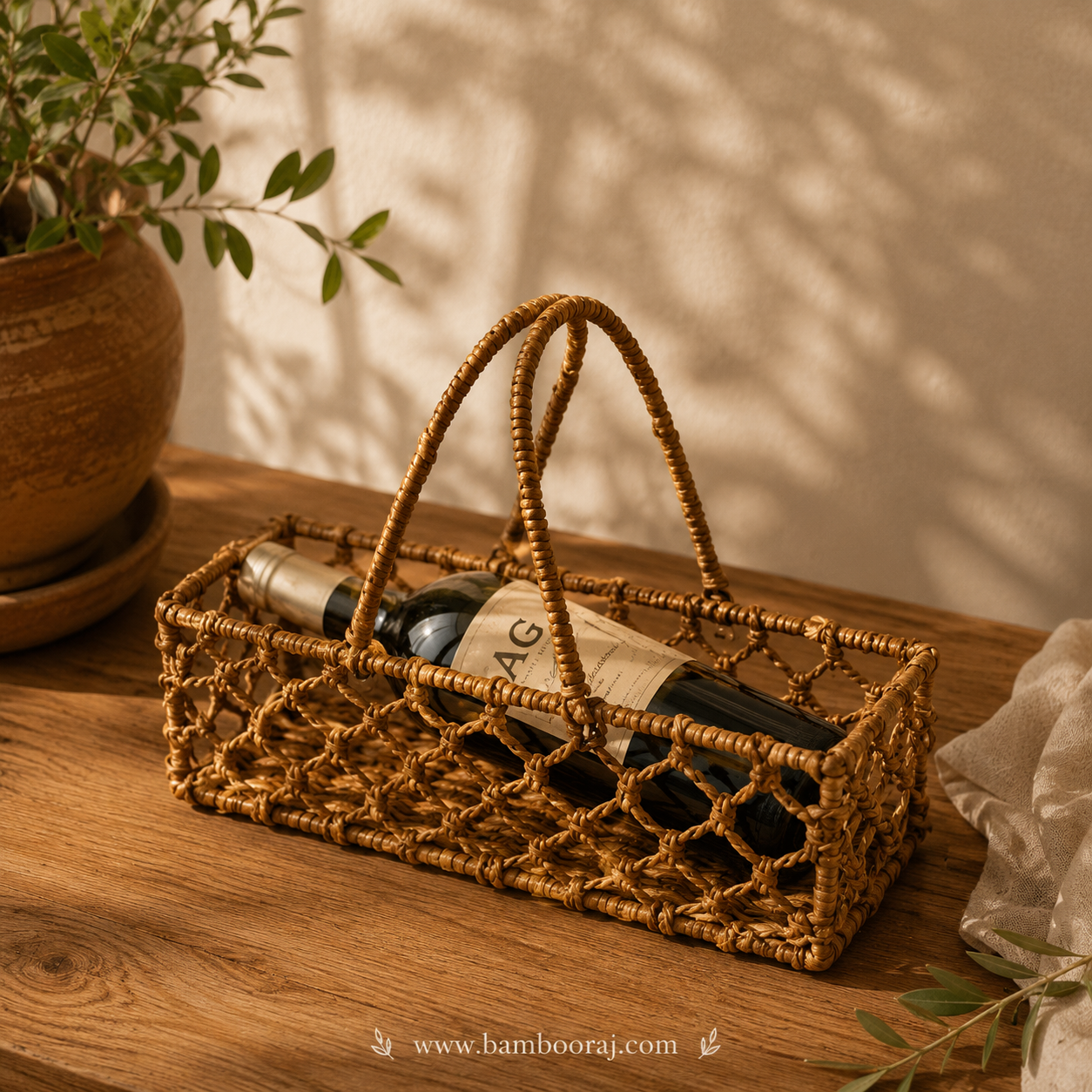 Dhara Bottle Basket | Handwoven Water Hyacinth Wine Bottle Holder | Multipurpose