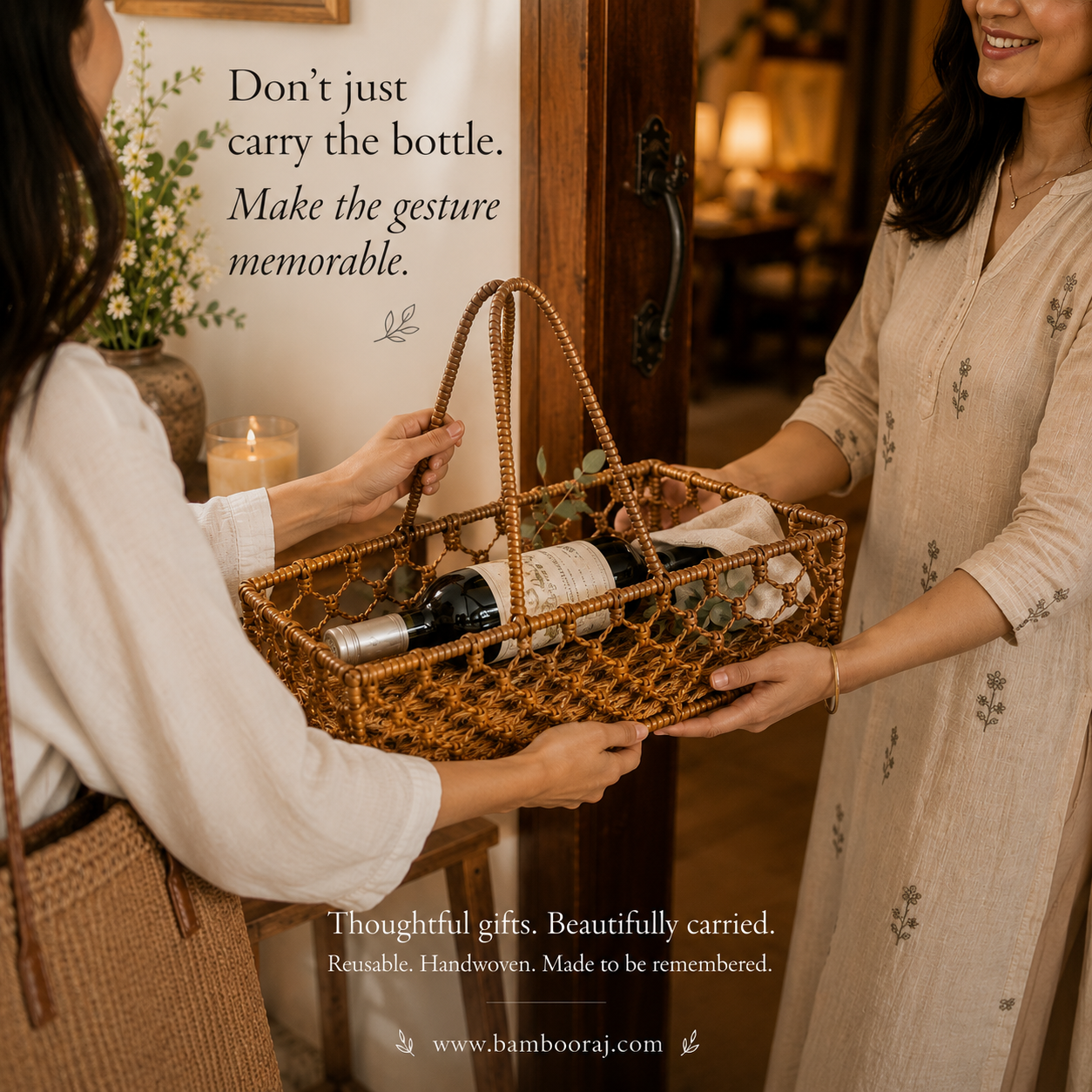 Dhara Bottle Basket | Handwoven Water Hyacinth Wine Bottle Holder | Multipurpose