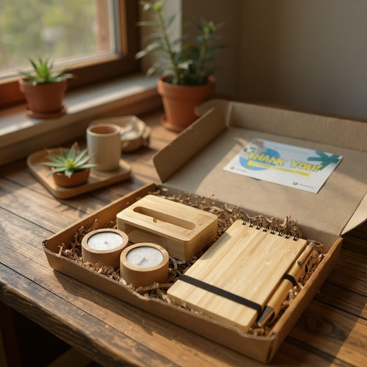 Eco Bamboo Hamper | 1 Diary + Pen 1 Amplifier, 2 Tealight Candle Holders