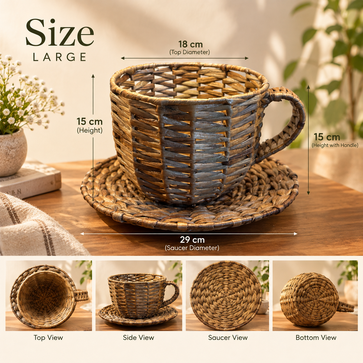 Tea Cup & Saucer Basket (L)| Handwoven Home Décor | Chai Cup Planter
