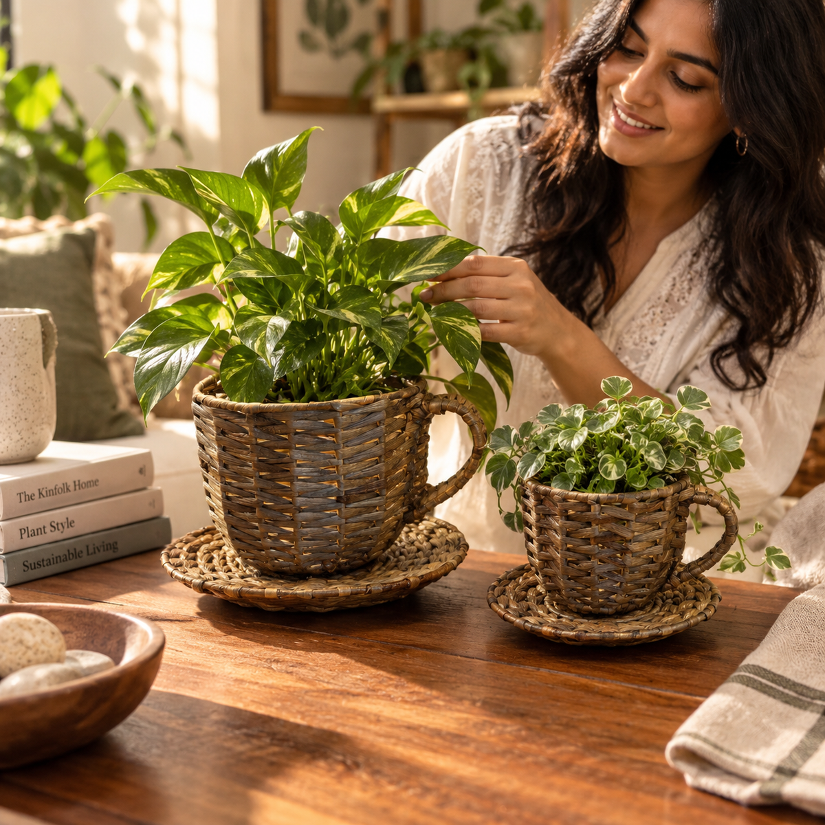 Tea Cup & Saucer Basket (S)| Handwoven Home Décor | Chai Cup Planter