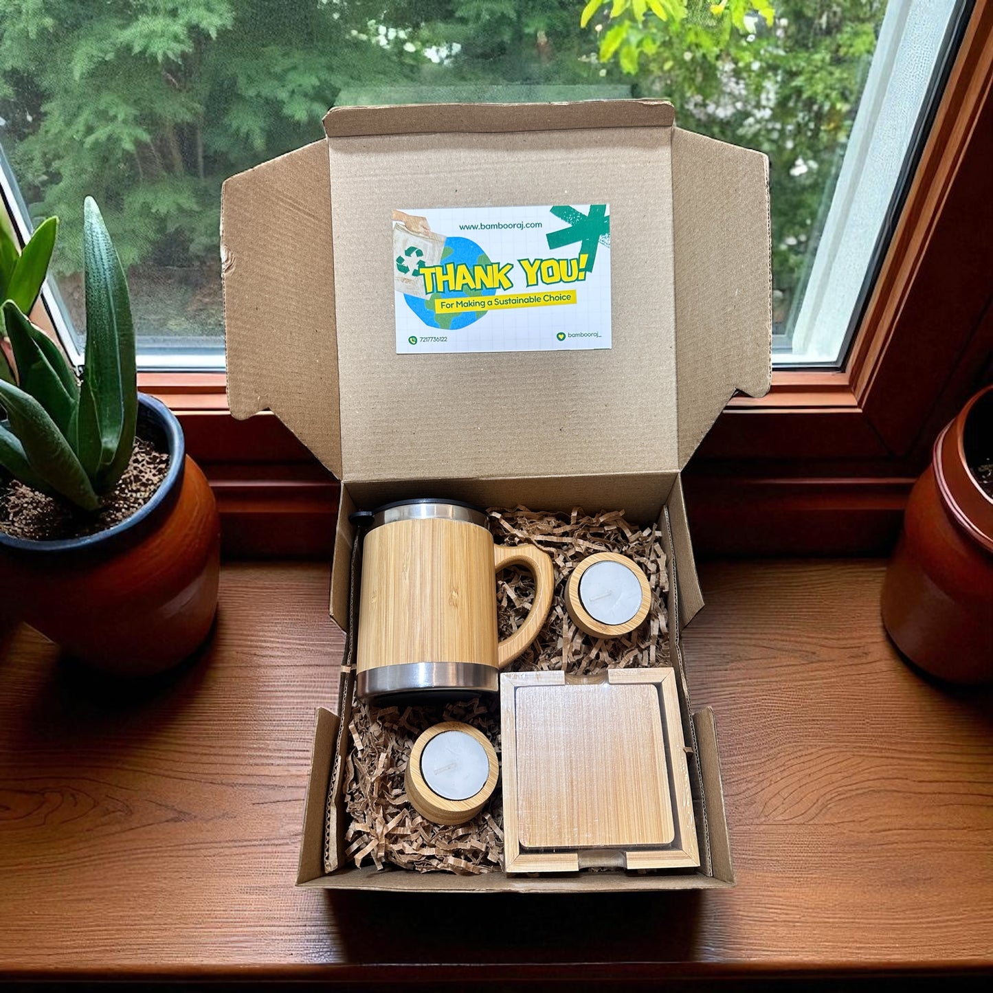 Sustainable Bamboo Gift Set – Mug, Coasters & Candle Holders | Gift Hamper