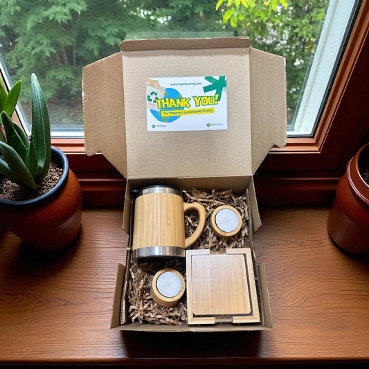 Sustainable Bamboo Gift Set – Mug, Coasters & Candle Holders | Gift Hamper