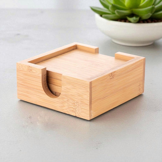 Bamboo Coaster Set of 6 with Holder | Sustainable Tableware | Dining Essentials for Home and Office Use