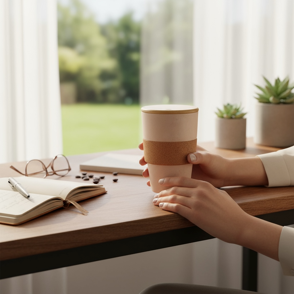 Eco-Friendly Wheat Fiber Mug 350 ml | Bamboo Lid & Cork Grip | Reusable & Plastic-Free