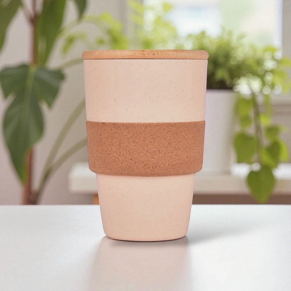 Eco-Friendly Wheat Fiber Mug 350 ml | Bamboo Lid & Cork Grip | Reusable & Plastic-Free