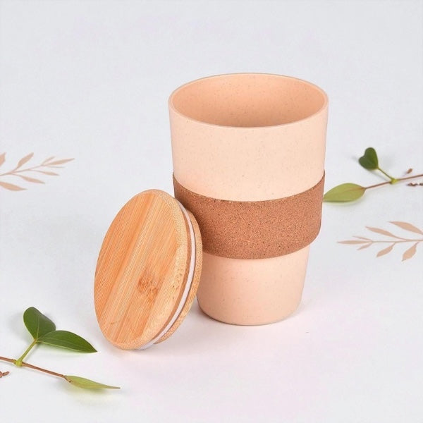 Eco-Friendly Wheat Fiber Mug 350 ml | Bamboo Lid & Cork Grip | Reusable & Plastic-Free