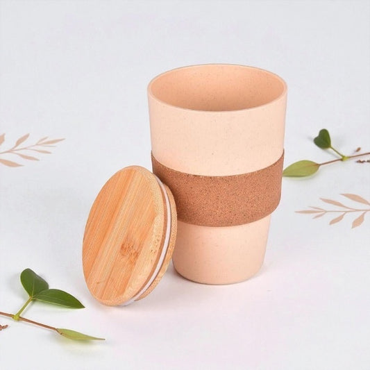Eco-Friendly Wheat Fiber Mug 350 ml | Bamboo Lid & Cork Grip | Reusable & Plastic-Free